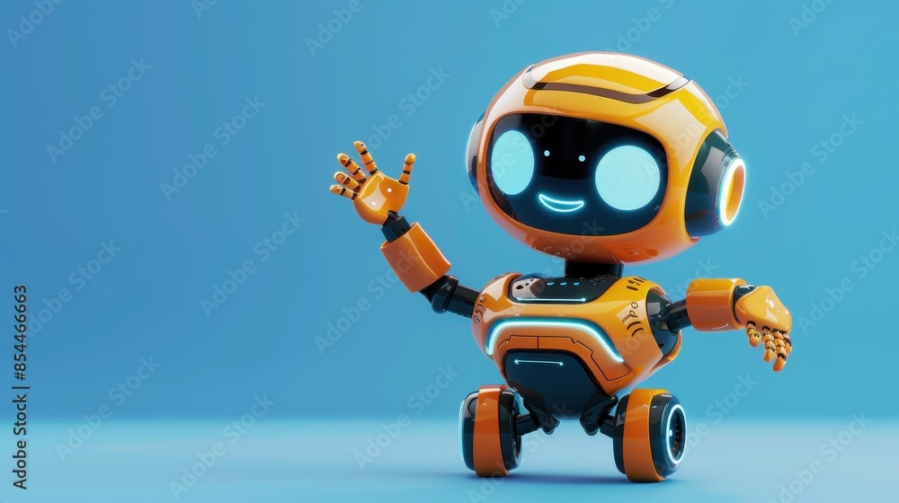 Poster a 3d rendering of an orange robot with a friendly expression waving against a light blue background.