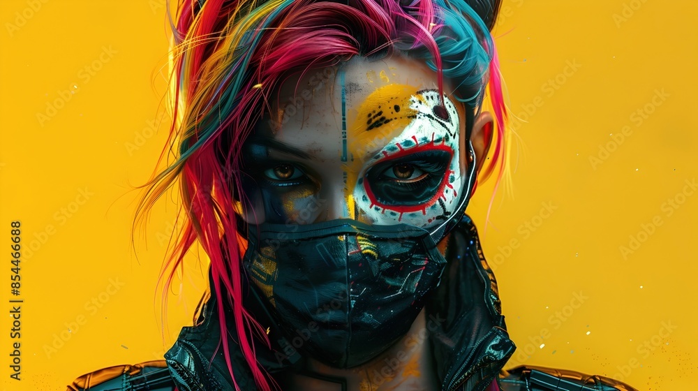 Canvas Prints Captivating Heroine with Vibrant Rainbow Hair and Skull-Themed Mask in Meticulously Crafted Digital Painting