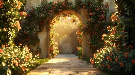 Fototapeta premium Captivating Magical Portal Adorned with Flourishing Botanical Elements,Radiant Illumination Creating a Mesmerizing Ambiance