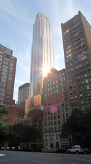Obraz premium Metropolitan skyscrapers with sun peering over the edge of the building, wall street, financial district, business concept