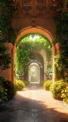 Majestic Fantasy-Inspired Archway Enveloped in Lush Foliage and Captivating Lighting Effects