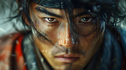 Pensive Japanese Samurai with Katana Sword,Cinematic Close-up Portrait