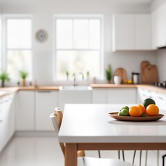 blurred , bokeh Open concept modern kitchen with dining area featuring a sleek table and chairs