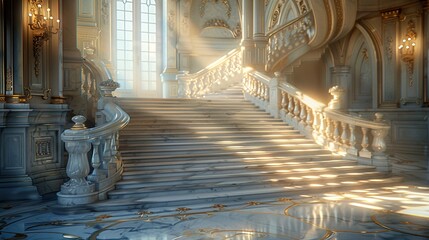 Grand marble staircase with ornate balustrades in opulent interior - Powered by Adobe