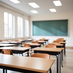 Empty school classroom interior with rows of desks and chairs ready for the next lesson