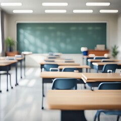 Empty school classroom interior with rows of desks and chairs ready for the next lesson