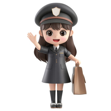 recommend clip art: 3D cartoon illustration of a friendly girl dressed as a mail carrier in a postal uniform with a mail bag waving and smiling on transparent background clipart