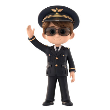 recommend clip art: Cartoon pilot character in black uniform with sunglasses waving on transparent background clipart