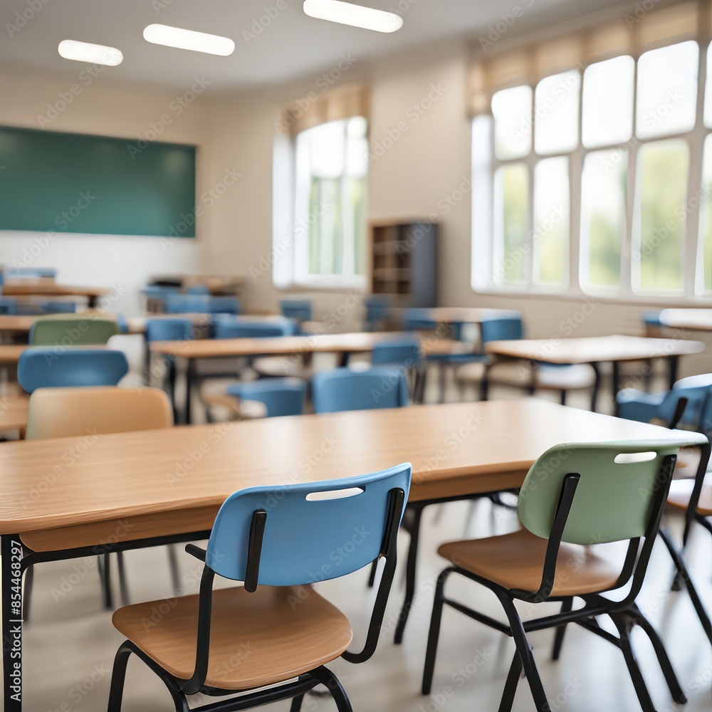 Poster empty classroom with wooden chairs and tables arranged for a future lesson