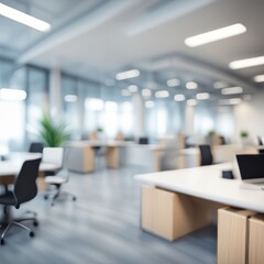 Blurred, bokeh bright and airy office room with a large window offering a city view