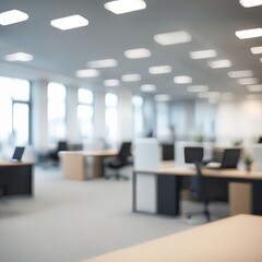 Blurred, bokeh bright and airy office room with a large window offering a city view