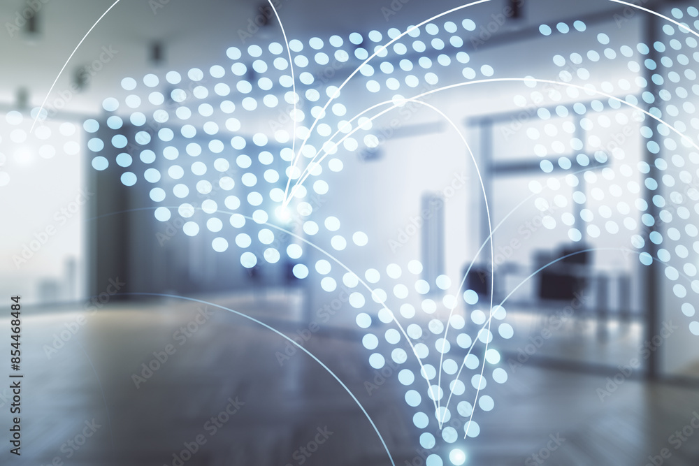 Poster double exposure of abstract digital world map hologram with connections on a modern furnished office