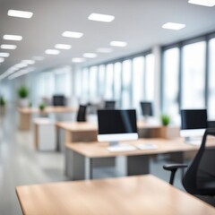 Fototapeta premium Blurred, bokeh bright and airy office room with a large window offering a city view