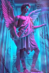 Angelic Statue in Futuristic Neon Lit Urban Setting