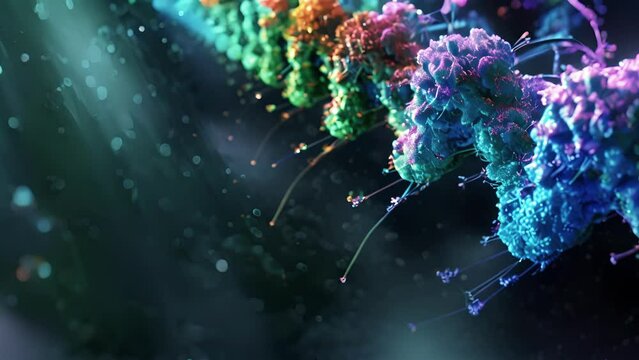 A series of ries in a row depicting the simultaneous translation of multiple mRNA strands into different proteins.