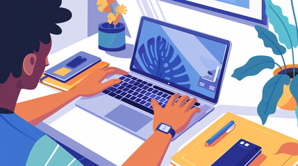 A person setting up a new laptop at a desk. Setting Up