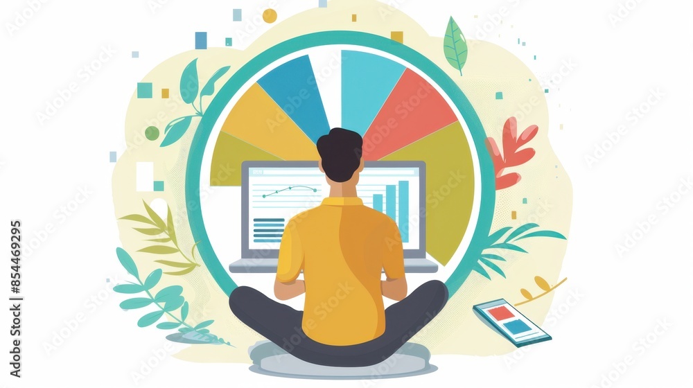 Poster a man sits in a lotus position in front of a laptop computer. behind him is a large pie chart.
