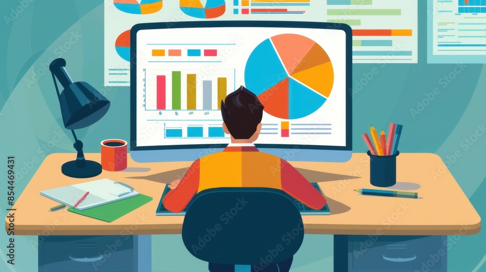 Poster a man is sitting at his desk, facing a computer screen, analyzing colorful charts and graphs.
