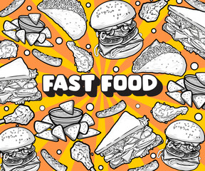 Fast food vector illustration. A Set of hand drawn fast food background illustrations 