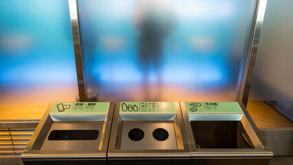 JAPAN, TOKYO &ndash; April 2024 : different garbage collectors in Haneda airport, Tokyo, Japan