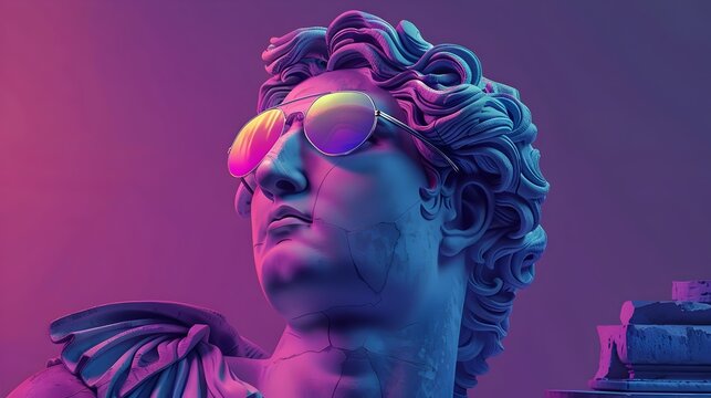 Dramatic Mythological Marble Sculpture with Curly Haired Figure and Colorful Vibrant Lighting