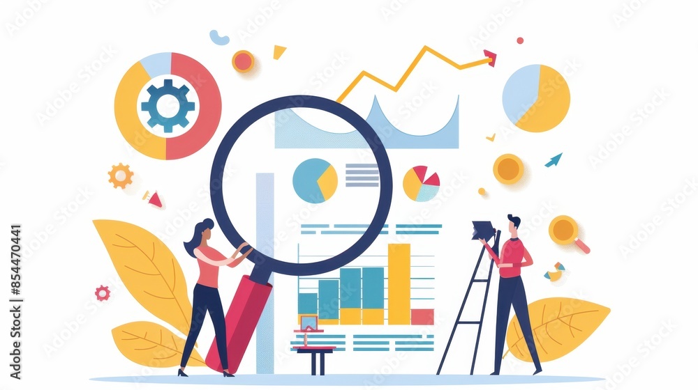 Poster two people use a magnifying glass to examine data charts and graphs. the vibrant colors and playful 