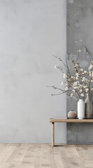 Living room in light grey color with minimal furniture and window lighting. Residential interiors design composition with copy space.