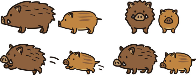 シンプルでかわいいイノシシとうり坊のイラストセット