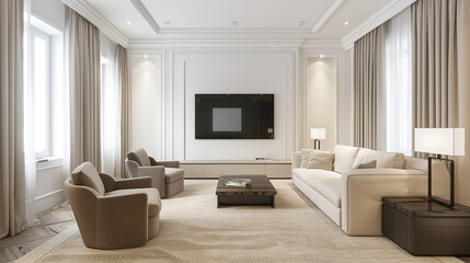 Contemporary living space with pale hues, featuring sofa, armchairs, wall-mounted TV, and beige carpet.