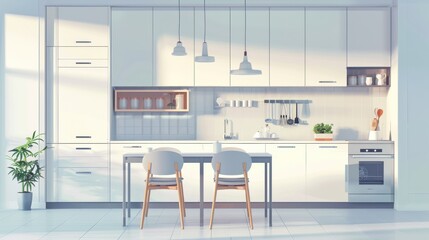 Fototapeta premium A minimalist kitchen with white cabinets, a dining table with two chairs, and stainless steel appliances.