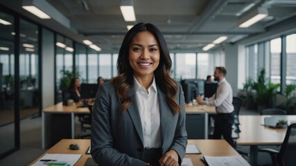 A professional business woman leading her team in a modern office.