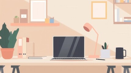 Naklejka premium A minimalist home office with a laptop, a plant, a lamp, and a book, radiating a calm and focused atmosphere.