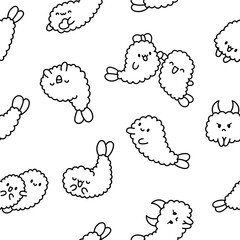 Funny tempura shrimp characters. Seamless pattern. Coloring Page. Cute cartoon japanese food. Hand drawn style. Vector drawing. Design ornaments.