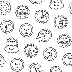 Cute kawaii sun with face. Seamless pattern. Coloring Page. Cartoon smiling characters. Hand drawn style. Vector drawing. Design ornaments.