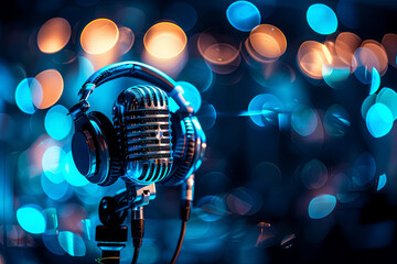 Microphone and headphones in front of blurred stage lights, representing live music and entertainment