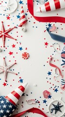 Obraz premium Festive American Decorations with Flags and Ribbons on a White Tabletop. Perfect for Independence Day, Columbus Day, and Other National Celebrations. Ideal for Christmas Cards, New Year Banners, and 