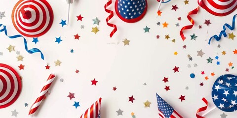 Fototapeta premium Festive American Decorations with Flags and Ribbons on a White Tabletop. Perfect for Independence Day, Columbus Day, and Other National Celebrations. Ideal for Christmas Cards, New Year Banners, and 