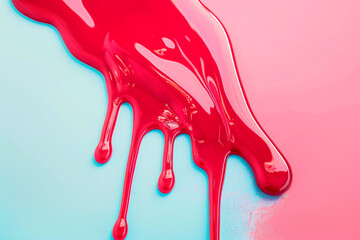 Red paint pouring on a blue and pink background in a closeup