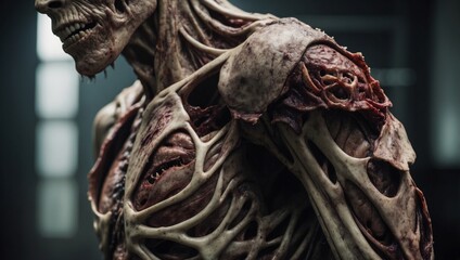 A close-up view of a rotting zombies shoulder, showcasing the decaying flesh and exposed bone, halloween mood