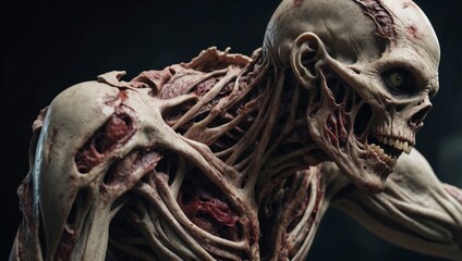 A close-up image of a zombies shoulder with exposed flesh and bones, highlighting the decaying nature of the undead, halloween mood