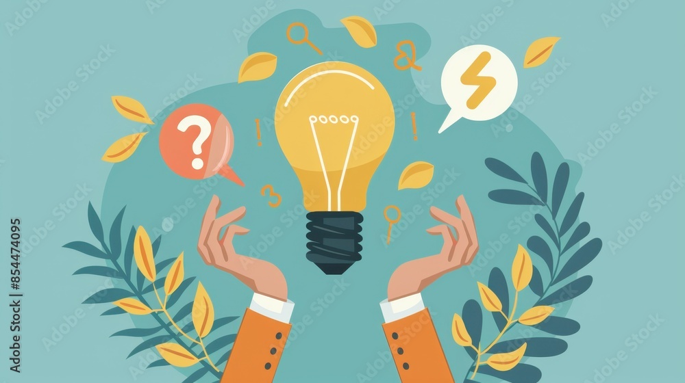 Poster a bright yellow lightbulb is held by two hands, representing the discovery of an idea. the lightbulb