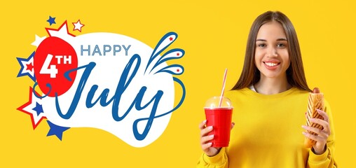 Young woman with tasty hot dog and soda on yellow background. Greeting banner for American Independence Day