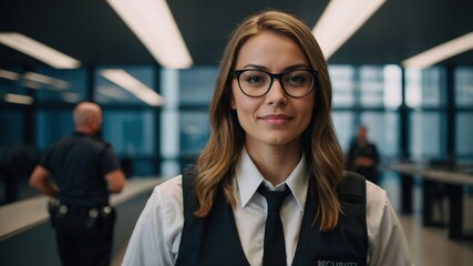 Portrait of a brave woman working as a police officer in a modern building. She is happy and smiling with confident.