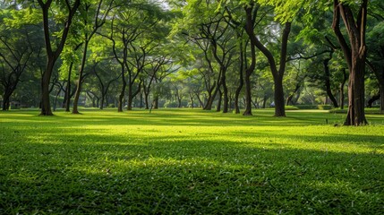 Green tree forest in city public park with green meadow grass nature landscape