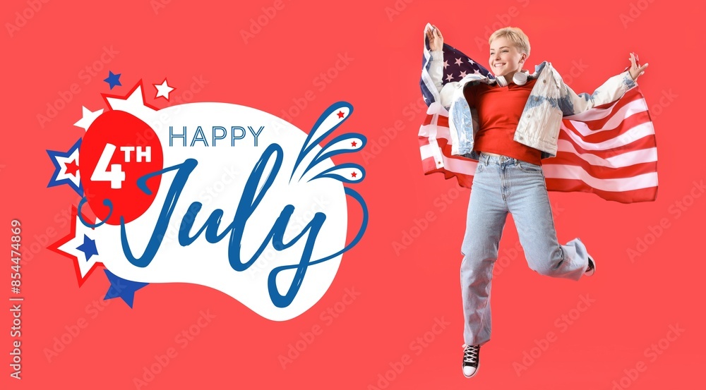 Wall mural Young woman with USA flag jumping on red background. Greeting banner for American Independence Day