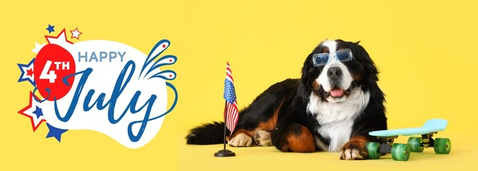 Cute Bernese mountain dog with USA flag and skateboard on yellow background. Greeting banner for American Independence Day