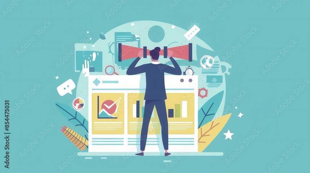 Poster a businessman with a telescope looking at data on a computer screen in a colorful, flat style.