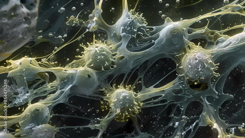 Poster scanning electron micrograph of natural killer cells engaging with pathogens in the stream.