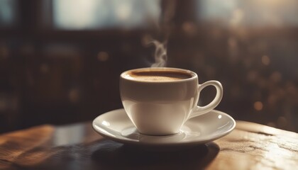 Obraz premium view of aesthetic Cup Of Coffee On The Wooden Table