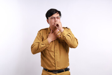 Young Indonesian civil servant coughing and having problem with her throat